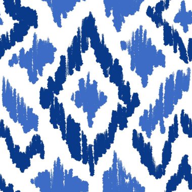 Geleneksel Endonezya kumaş baskısı ile el çizimi kusursuz desen. Mavi indigo soyut geometrik tasarım orta yüzyıl modern sıçrama vuruşu canlı deniz baskısı