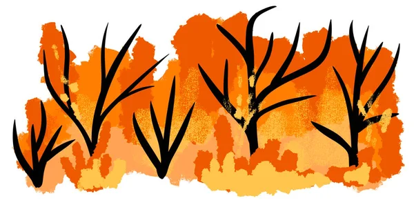 Handritad Illustration Skogsbrand Med Svarta Träd Skog Flammande Orange Röd — Stockfoto