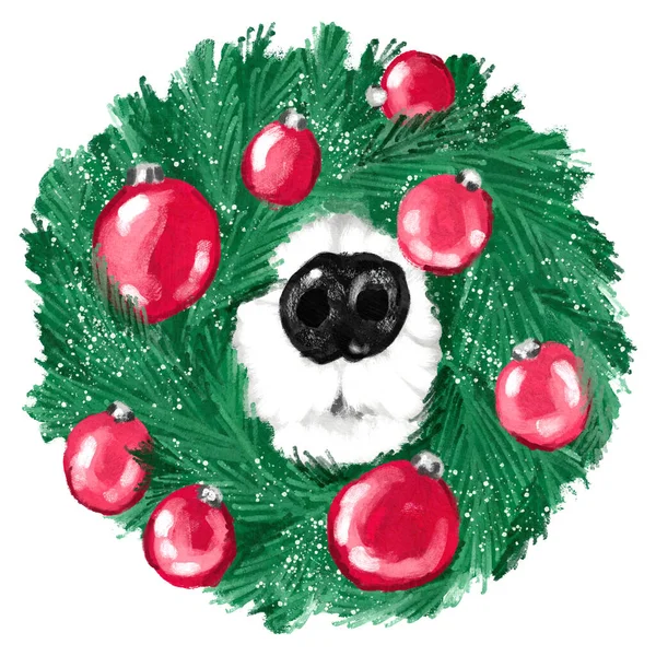 在绿色圣诞花环红色饰物中的宠物狗黑色鼻子的手绘插图 为冬季贺卡招贴设计有趣有趣的设计 12月动物犬系血统快乐卡通片 — 图库照片