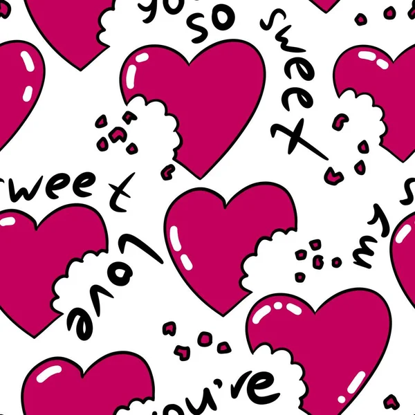 Ręcznie Rysowany Wzór Czerwonym Różowym Valentine Serca Gryzą Kruszy Śmieszne — Zdjęcie stockowe