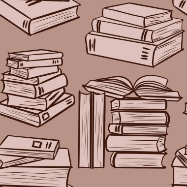 Bej kahverengi arka plan üzerine kitap okuyan eski kütüphane kitaplarıyla el çizimi, pürüzsüz desen. Eğitim kitabı severler tasarımı, okula dönüş klasik kumaş baskısı, edebiyat kitapçısı konsepti.