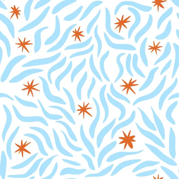 白い背景にオレンジ色の星の雪の結晶青波曲線でシームレスなパターンを描いた手 抽象幾何学的なデザイン クリスマスの新年のファブリック包装紙 ミニマルな装飾アート — ストック写真
