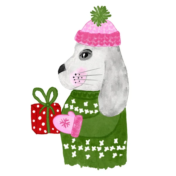 Hand drawn illustration of rabbit 2023 new year symbol with green pink gift present box. Cute kawaii cartoon hare bunny character, winter card poster invitation. Funny hat sweater gloves