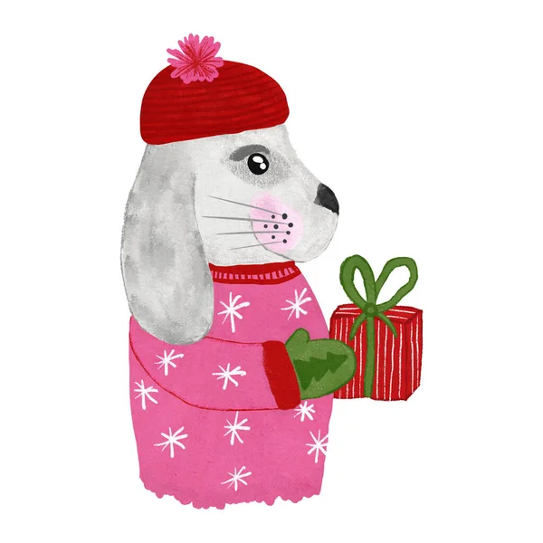 兔子2023新年象征与绿色粉红礼品盒手绘图解 可爱的卡瓦兔卡通人物 冬季卡片海报邀请函 可笑的帽衫手套 — 图库照片