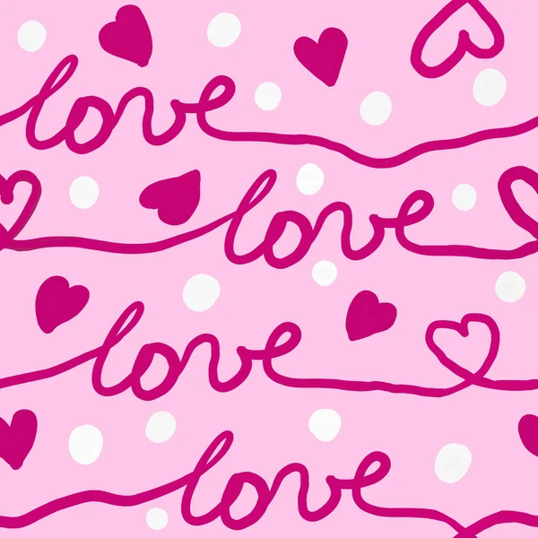 ピンクの背景に赤いハートのシームレスなパターンを手描き ストライプラインの愛の言葉のレタリング 白い水玉 かわいいバレンタインデーの包装紙 ガッシュテクスチャーパステルバレンタイン — ストック写真