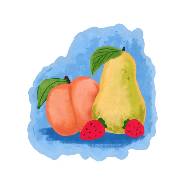 Hand drawn illustration still life of red strawberry yellow pear reach on blue background. Bright summer fruit composition, tropical diet vitamins, retro vintage style, healthy eating, messy painterly