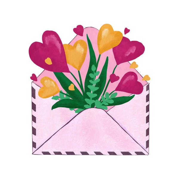Hand drawn illustration of open letter envelope mailing list, sending business information invitation card. St valentine day hearts red pink yellow thank you card, cute floral design green leaves