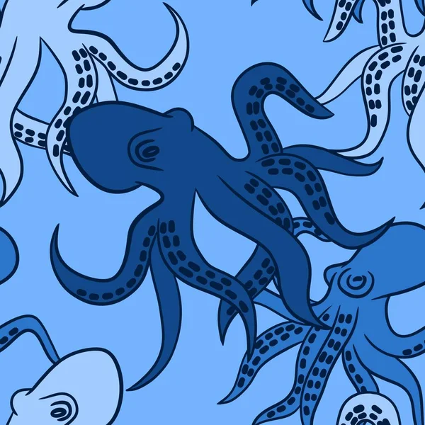 Hand drawn seamless pattern with blue octopus sea ocean species animal. Marine underwater nautical navy aquatic fabric print, seafood graphic cartoon background