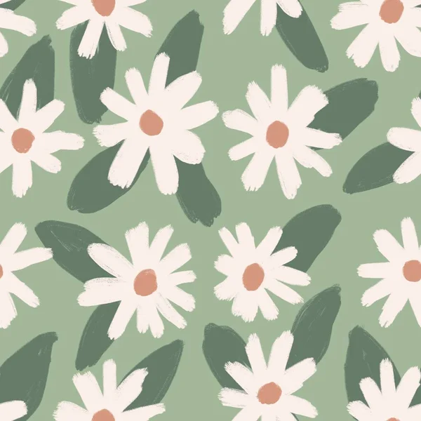 Hand drawn seamless pattern with muted pastel daisy flowers, neutral beige sage green floral design. Boho bohemian trendy loose nature blossom bloom leaves, victorian retro garden print, retro