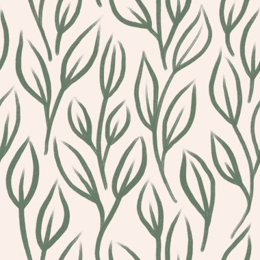 Hand drawn seamless pattern with muted pastel flowers, neutral beige sage green floral design. Boho bohemian trendy loose nature blossom bloom leaves, victorian retro garden print, retro romantic