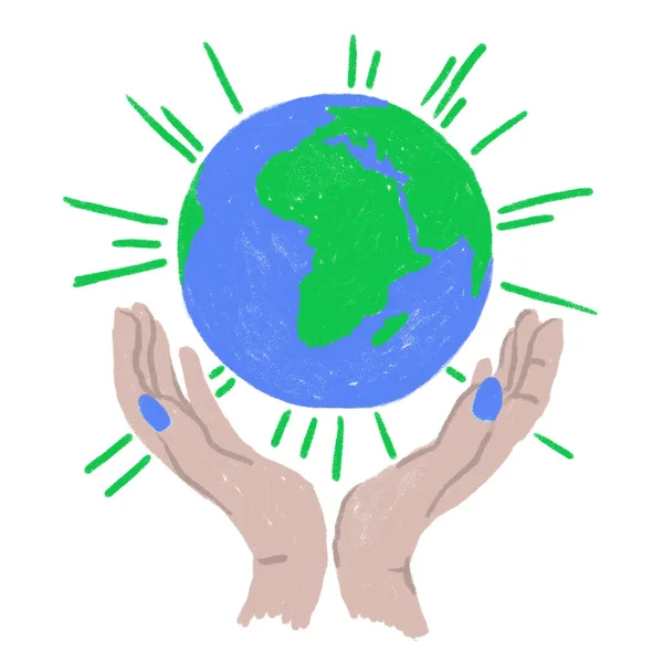 Hand drawn illustration of Earth Day globe planet ecology protection, human hands holding. Blue green sphere with ocean land, ecological environmental concept, pollution icon symbol, cartoon style