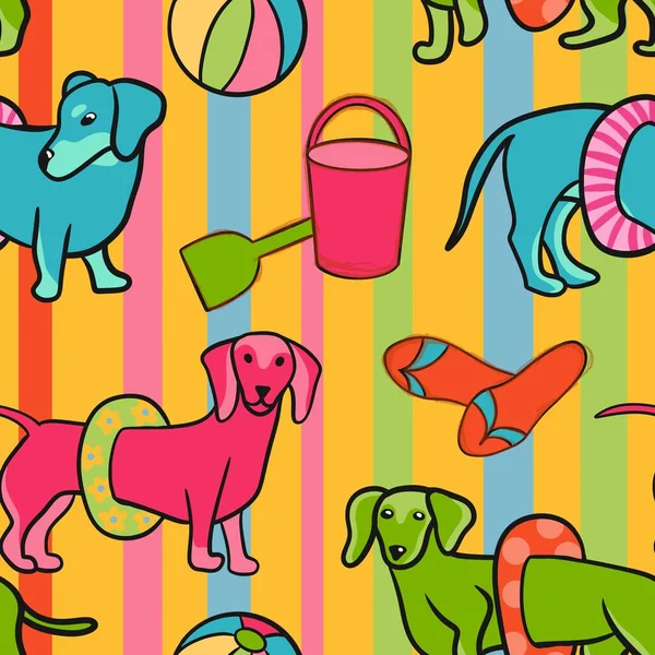 Hand drawn seamless pattern with dachshund dogs pets on summer ocean sea beach. Cute animals with swim ring toys on sand ball shovel relax, flip flops in pink green yellow on striped background
