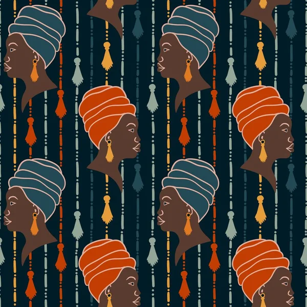 Handgezeichnetes Nahtloses Muster Mit Schwarzafrikanisch Amerikanischen Frauen Mit Ethnischen Quasten — Stockfoto