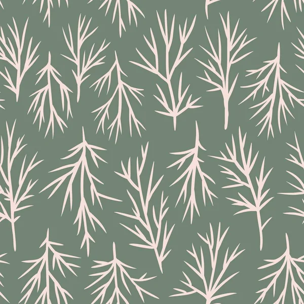 Hand drawn seamless pattern with beige cosmos leaves on sage green background. Elegant minimalist floral foliage on boho bohemian print, pastel muted neutral color, spring garden fabric, simple