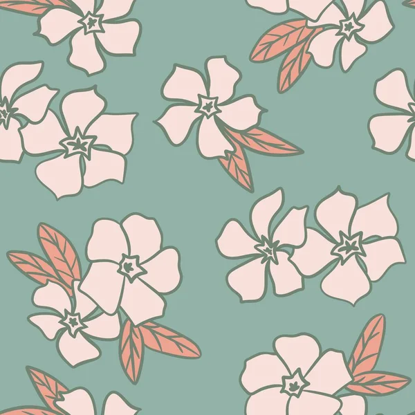 hand drawn seamless pattern with beige periwinkle flowers on sage green background. Floral pastel muted neutral foliage print, spring garden boho bohemian design, bloom blossom art in retro vintage