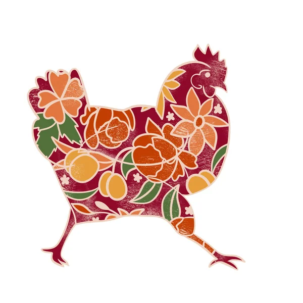 Hand drawn illustration of hen chicken, domestic bird animal poultry. Rustic retro vintage logo design with floral flower ornament for packaging, organic food silhouette farm livestock