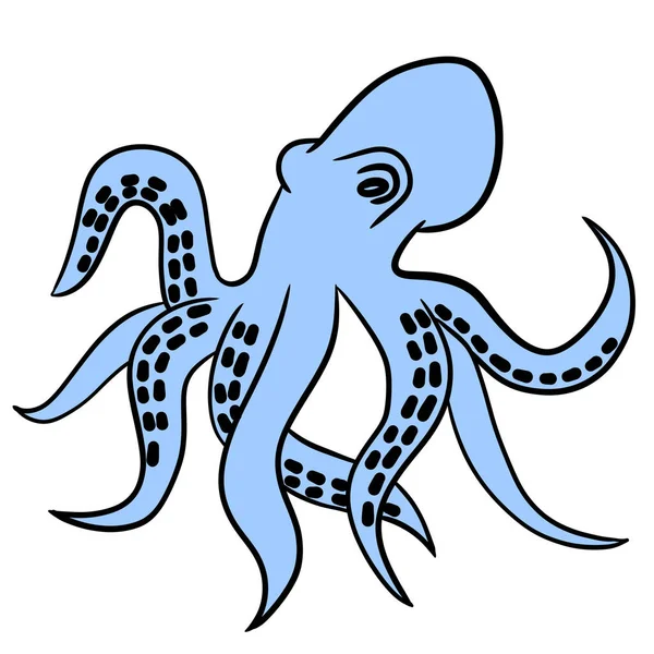 Hand drawn illustration of sea ocean blue octopus with tentacles. Simple cartoon drawing of wild sea creature animal species, marine underwater life, nautical design, aquatic sketch squid tattoo