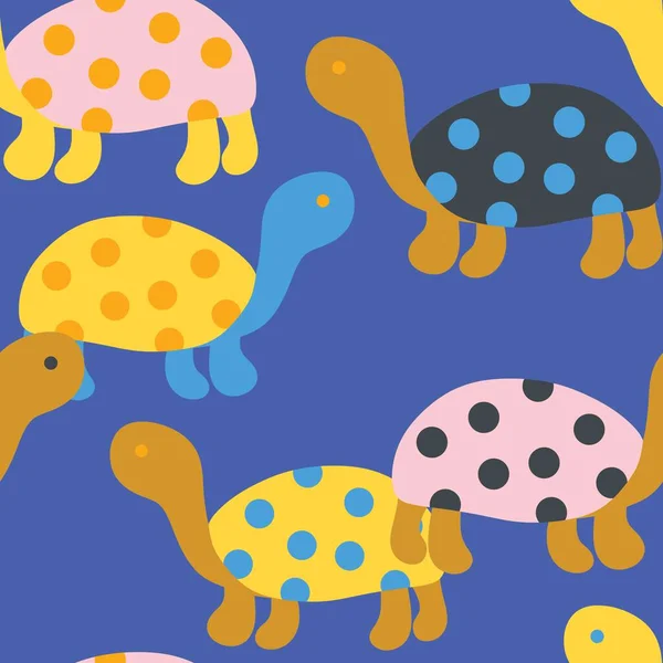 Hand drawn seamless pattern with cute sea turtle tortoise, yellow blue print for kids children nursery decor, funny animal with polka dot shells, simple minimalist style, for textile wrapping paper
