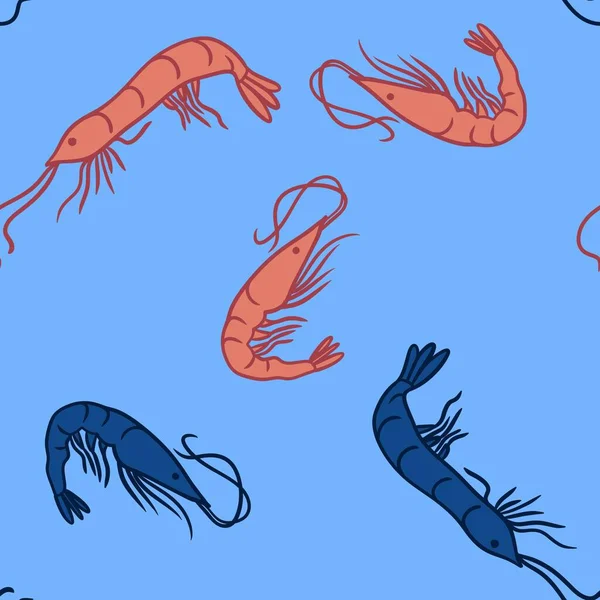Hand drawn seamless pattern of peach orange and blue shrimps prawns on turquoise background. Marine underwater sea food, ocean restaurant cafe menu, aquatic animal creature, nautical print design