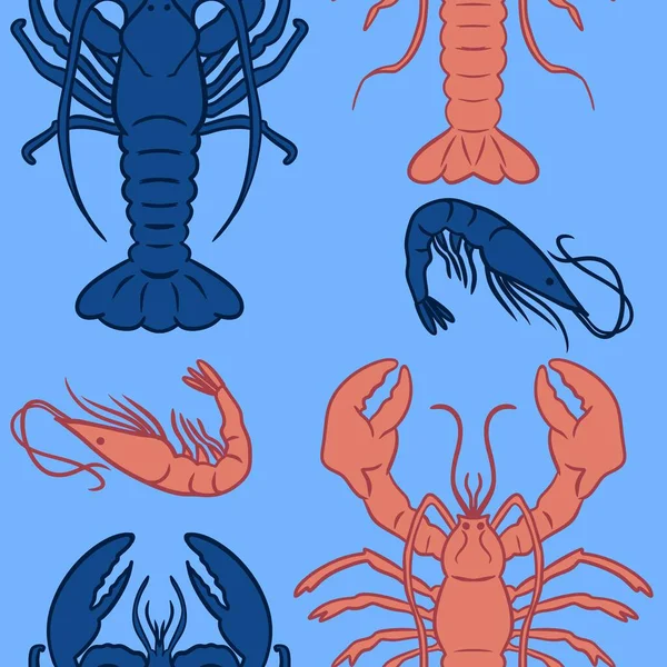 Hand Drawn Seamless Pattern Orange Blue Lobsters Turquoise Background Marine — стоковое фото