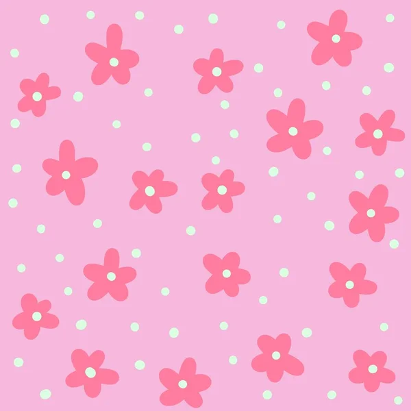 Hand Drawn Seamless Pattern Pink Sakura Daisy Flowers Polka Dot — Stock Photo, Image