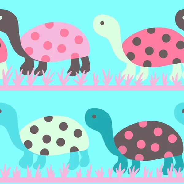 Hand drawn seamless pattern with cute sea turtle tortoise, pink blue flowers, print for kids children nursery decor, funny animal with polka dot shells, simple minimalist style