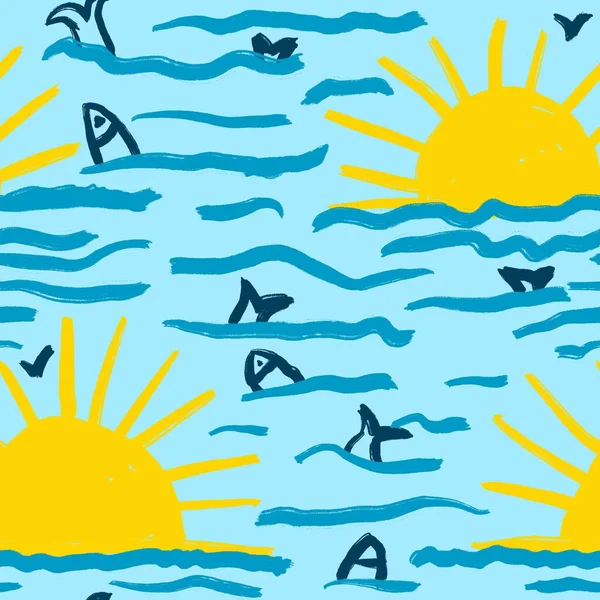 Hand drawn seamless pattern with sun in ocean sea waves and navy blue fish. Turquoise background coastal nautical marine design, sunset relax summer holiday art, colorful minimalist style
