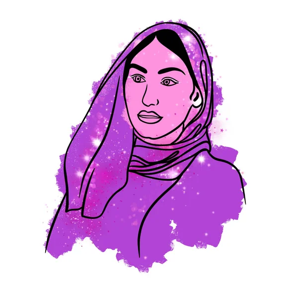 Hand drawn illustration of Muslim arabic Indian woman hijab head scarf. Bright colorful design with black line outline contour, glitter shiny shimmer glamour sketch