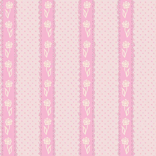 Handgezeichnetes Nahtloses Muster Mit Rosa Spitzenstreifen Mit Blumen Gepunktetem Hintergrund — Stockfoto