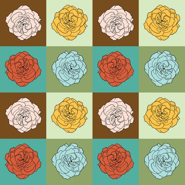 Hand drawn seamless pattern with roses on checkered checks background. Retro vintage mid century modern squares checkerboard print, floral elements, boho bohemian style, yellow orange turquoise brown