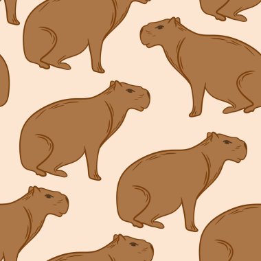 Beyaz arka planda bej kahverengili şirin Capybara hayvanının el çizimi kusursuz deseni. Vahşi doğa, hayvanat bahçesi zooloji hayvan maskotu, kemirgen tüylü türler, basit minimalist çizgi tasarımı..