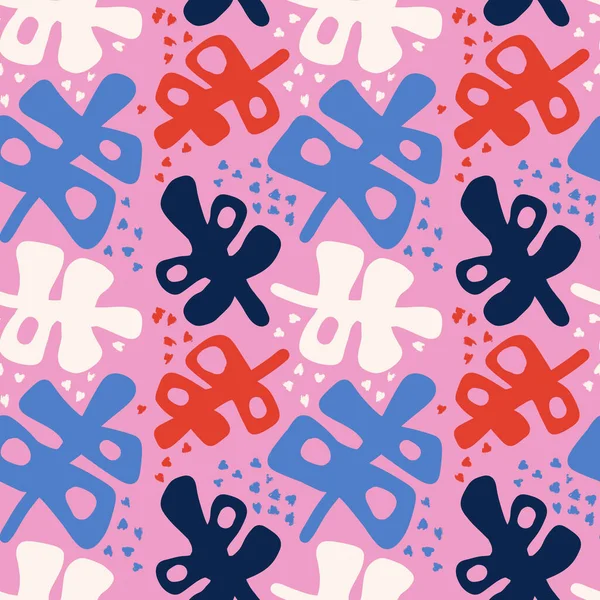 手绘天衣无缝的图案 热带海葵叶子呈粉红色蓝白色 五彩缤纷的夏季假日丛林彩绘包装纸纺织品 现代抽象剪裁小圆点形状 — 图库照片