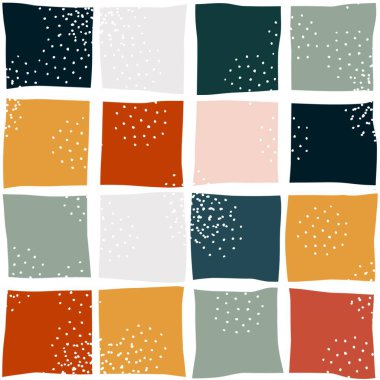 Renkli çeklerin kareleri, beyaz desenli klasik turuncu kareli dama tahtası, modern tasarım tarzı, çağdaş soyut geometrik baskı.