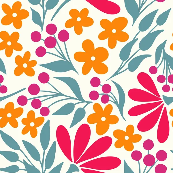 Hand drawn seamless pattern with retro flowers, vintage floral design with red orange flowers sage green leaves on off-white background. Natural colorful bright fabric print, for wallpaper textile