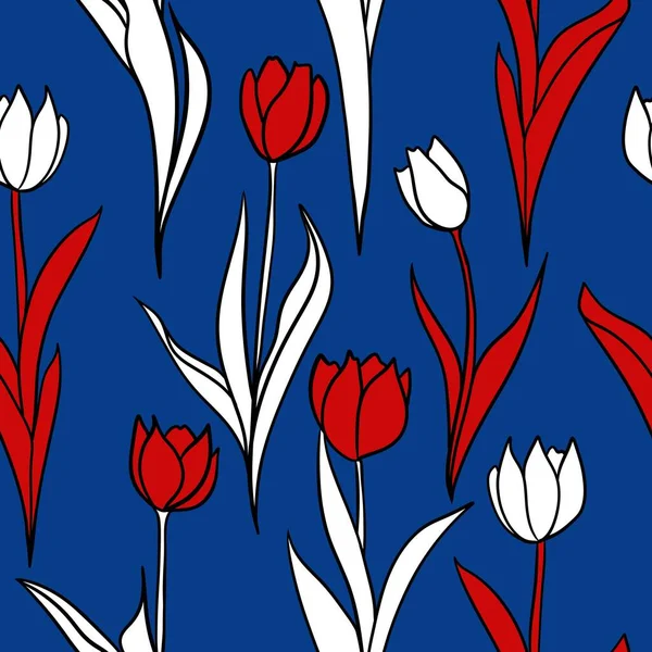 Рука Намальована Безшовним Візерунком Липня Дня Патріотичної Незалежності Квітковий Тюльпан — стокове фото