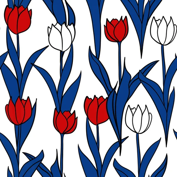 7月愛国的な独立記念日の花チューリップの花のプリントの手描きシームレスなパターン4 赤青白4 7月アメリカの休日のデザイン Usaアメリカのお祝い — ストック写真
