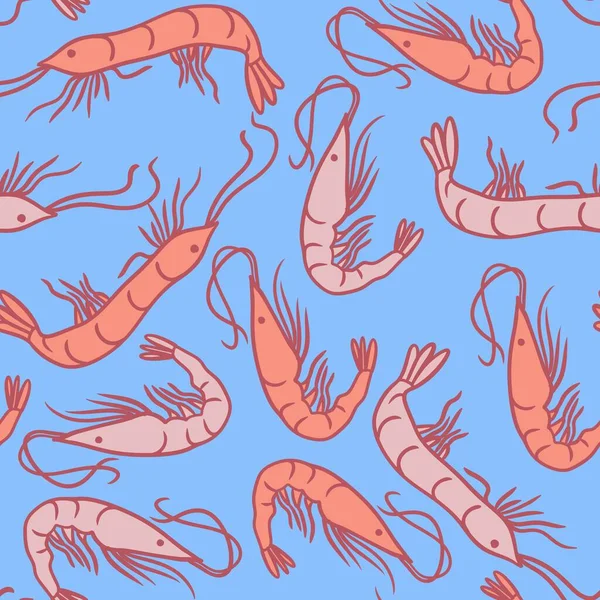 Hand drawn seamless pattern peach orange shrimps prawns on turquoise background. Marine underwater sea food, ocean restaurant cafe menu, aquatic animal creature, nautical print design