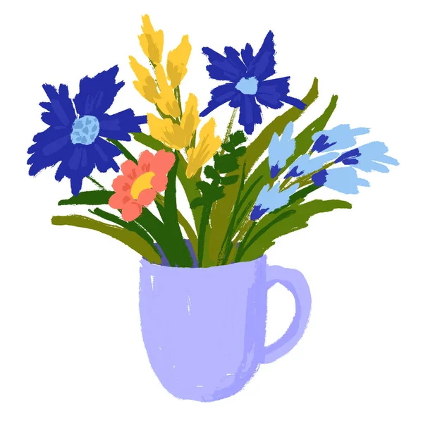 Illustration Dessinée Main Fleurs Sauvages Bleues Tasse Conception Printemps Été — Photo