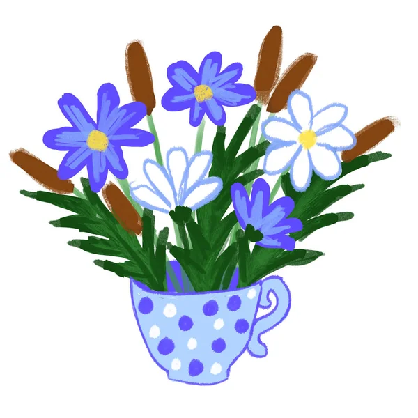 Ręcznie Rysowana Ilustracja Niebieskich Dzikich Kwiatów Filiżance Kwiatowy Letni Wiosenny — Zdjęcie stockowe