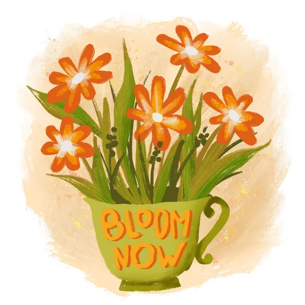 Illustration Dessinée Main Fleur Maintenant Phrase Avec Des Fleurs Tasse — Photo