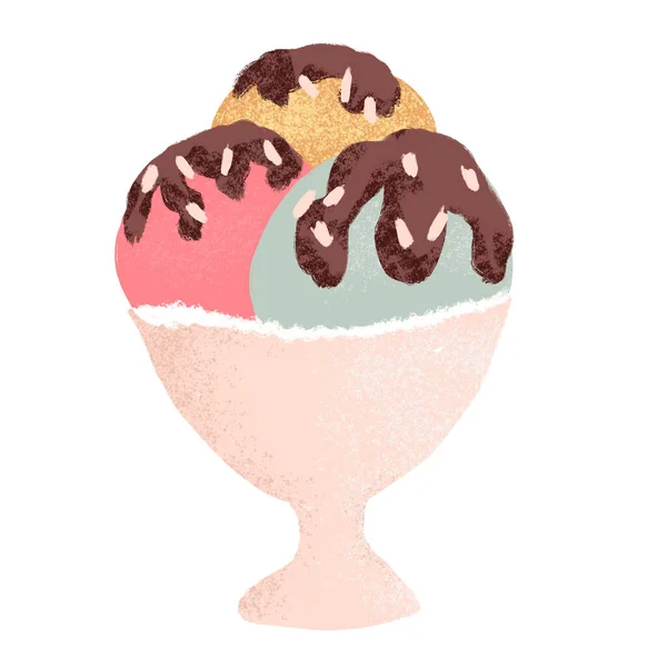 Hand drawn illustration of ice cream in cup bowl, retro vintage style. Pink mint yellow round shape with chocolate, sweet tasty summer holiday food, fun design for colorful beach art