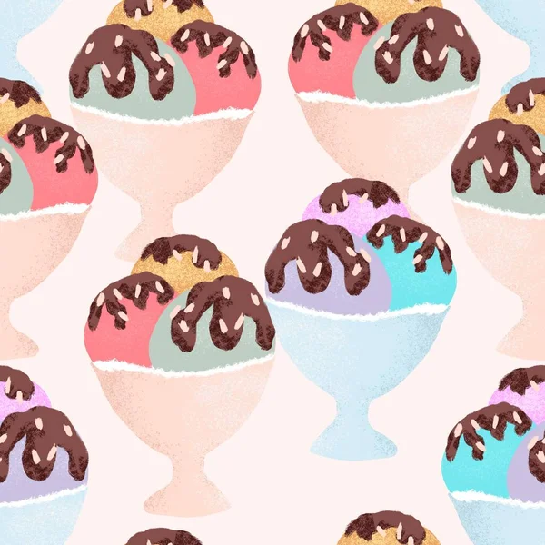 カップボウルにアイスクリームの手描きのシームレスなパターン レトロなヴィンテージスタイル ピンクミントイエローの丸い形のチョコレート 甘いおいしい夏の休日の食べ物 カラフルなビーチアートのための楽しいデザイン — ストック写真