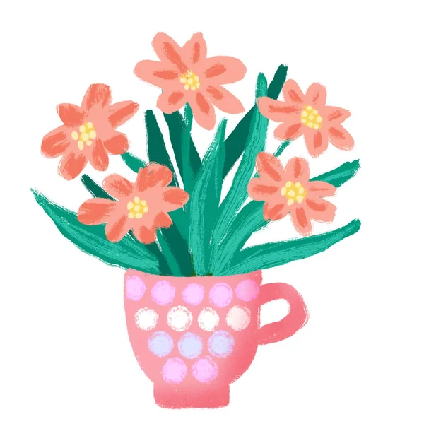 カップにオレンジピンクの野生の花の手描きイラスト ポスター招待状のための花の夏の春のデザイン 花の自然葉は漫画のドアスタイルで花束を残し カフェの装飾 — ストック写真