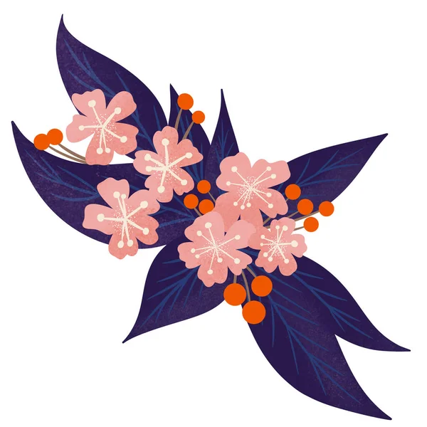 Met Hand Getekend Illustratie Van Roze Bloemen Donkerblauwe Bladeren Oranje — Stockfoto