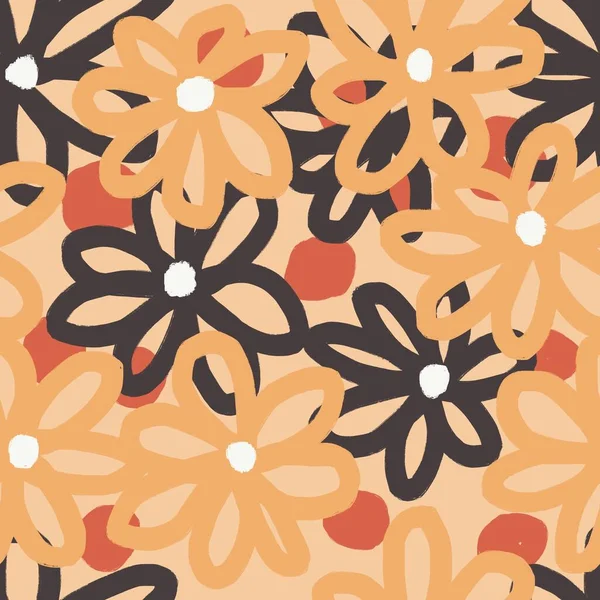 ベージュオレンジ色の秋の色で花と手描きシームレスなパターン 赤い果実 オレンジの葉 レトロなヴィンテージ60年代50年代スタイル 中世の現代的な印刷のための織物包装紙繊維 — ストック写真