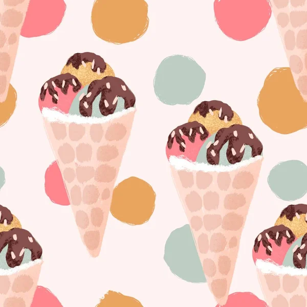 カップボウルにアイスクリームの手描きのシームレスなパターン レトロなヴィンテージスタイル ピンクミントイエローの丸い形のチョコレート 甘いおいしい夏の休日の食べ物 カラフルなビーチアートのための楽しいデザイン — ストック写真