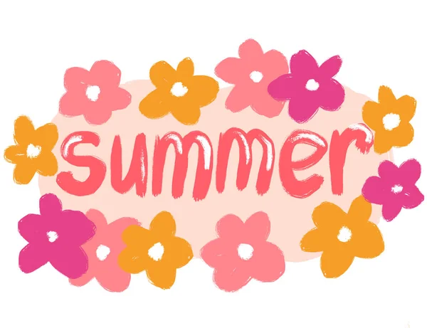 Quadro Floral Desenhado Mão Com Flores Blush Rosa Palavra Verão — Fotografia de Stock