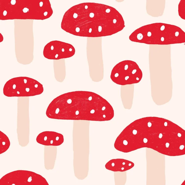 水彩画手绘了森林林地中带有红帽的麝香蘑菇的无缝图案 孩子们滑稽卡通风格的纺织品壁纸 — 图库照片