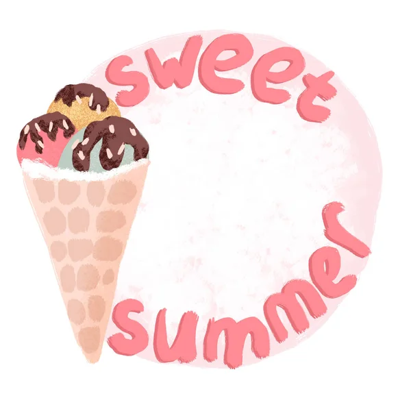 Hand drawn round frame with ice cream in cone, retro vintage style. Pink mint yellow round shape with chocolate, sweet tasty summer holiday food, fun design for colorful beach art. Tasty dessert sweet