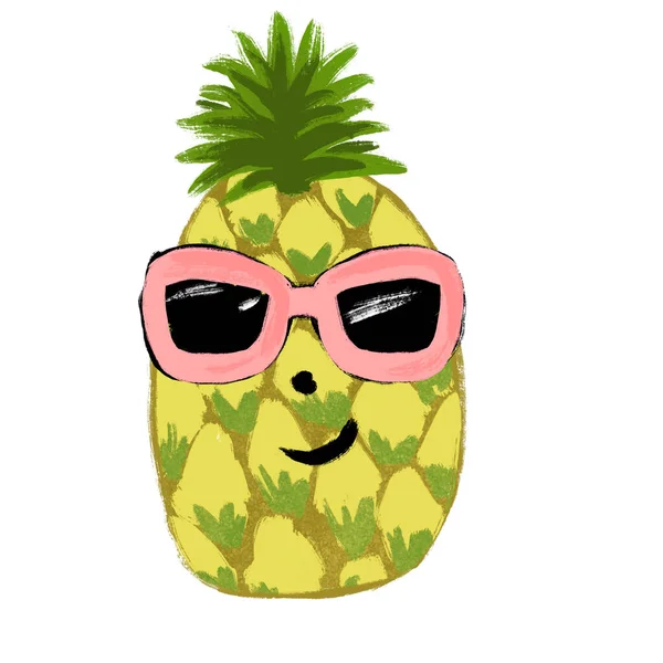 Ručně Kreslené Ilustrace Vtipného Ovoce Ananas Slunečních Brýlích Letní Roztomilý — Stock fotografie